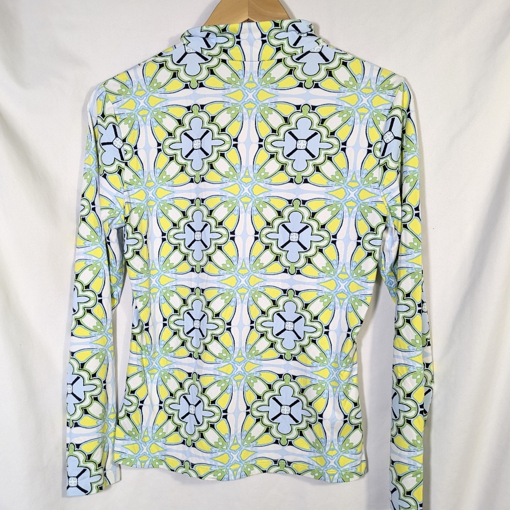 J McLaughlin Women's Bedford Yellow Green Blue Geometric Print 1/4 Zip Top Sz M - Picture 3 of 10